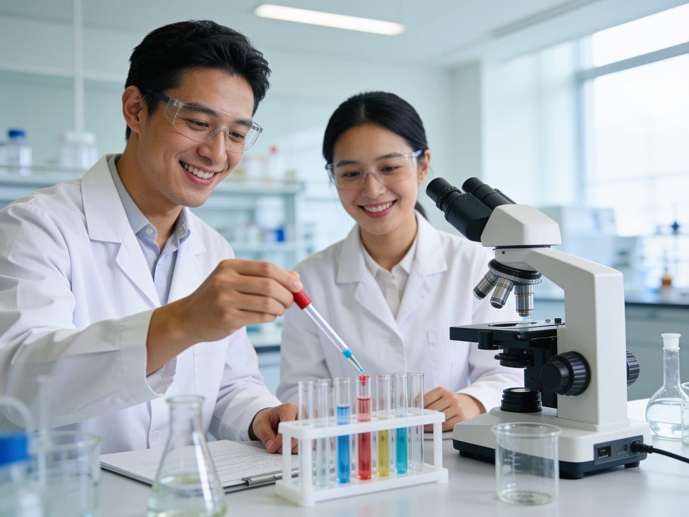Uśmiechnięci naukowcy podczas badań w laboratorium