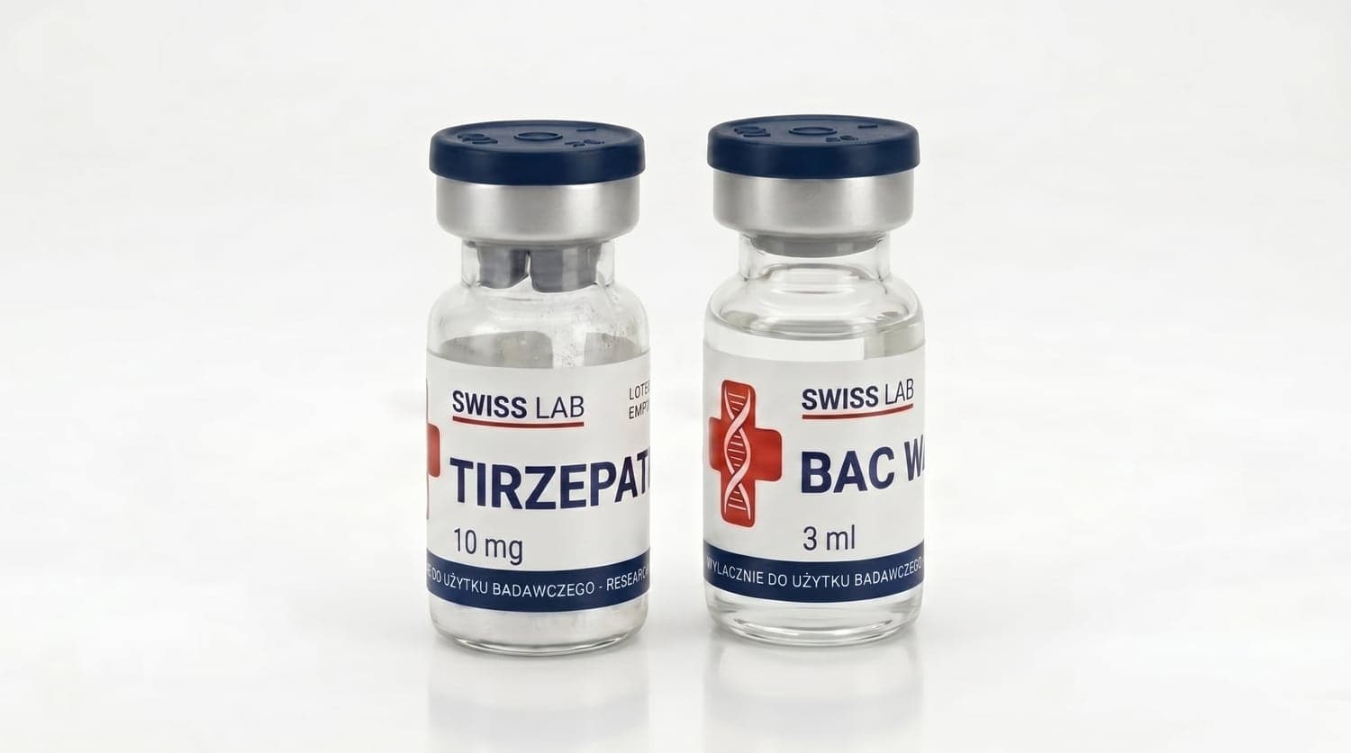 Tirzepatyd — fiolka z peptydem i woda bakteriostatyczna (BAC)